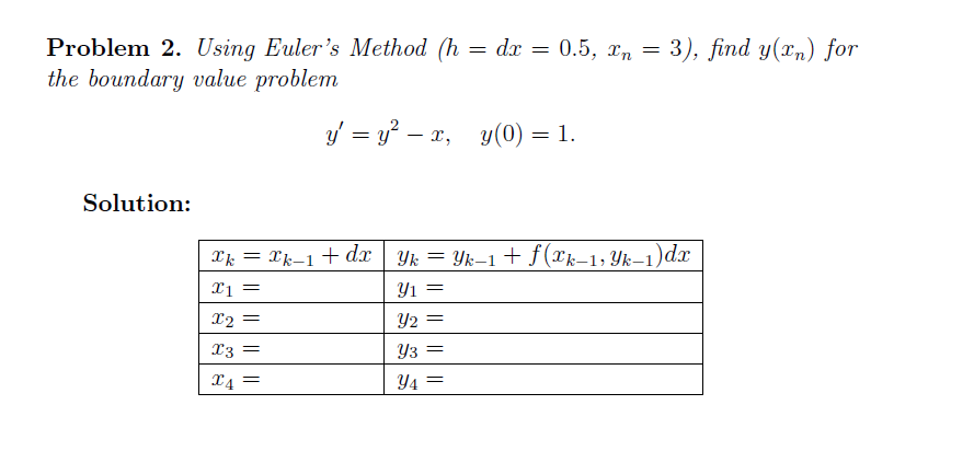 Problem 2. Using Euler's Method (h
the boundary value problem
= dx = 0.5, xn = 3), find y(xn) for
y = y? – x,
y(0) = 1.
%3D
Solution:
Xk = Xk-1 + dx Yk = Yk–1 + f(rk-1, Yk–1)dx
Y1 =
X2 =
T3 =
Y3 =
X4 =
Y4 =
