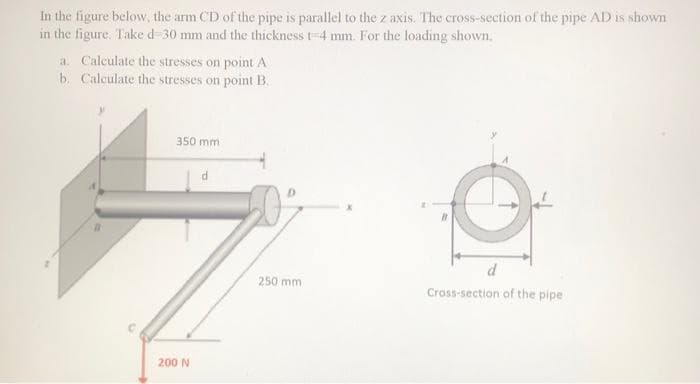 In the figure below, the arm CD of the pipe is parallel to the z axis. The cross-section of the pipe AD is shown
in the figure. Take d 30 mm and the thickness t-4 mm. For the loading shown.
a. Calculate the stresses on point A
b. Calculate the stresses on point B.
350 mm
200 N
250 mm
Cross-section of the pipe
