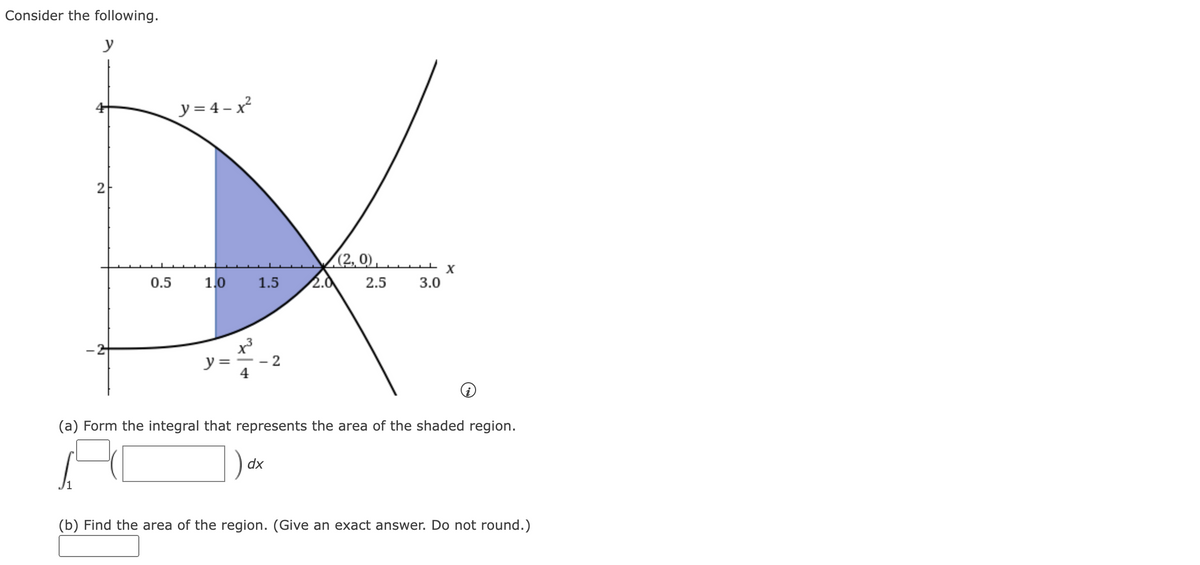 Consider the following.
y
2
y = 4 - x²
✓(2,0),
2.5
0.5
1.0
1.5 2.0
3.0
(a) Form the integral that represents the area of the shaded region.
dx
(b) Find the area of the region. (Give an exact answer. Do not round.)
X