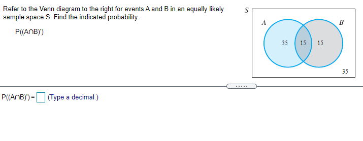 Refer to the Venn diagram to the right for events A and B in an equally likely
sample space S. Find the indicated probability.
A
B
P((ANB)')
35 ( 15) 15
35
.....
P((ANB)') =
(Type a decimal.)
