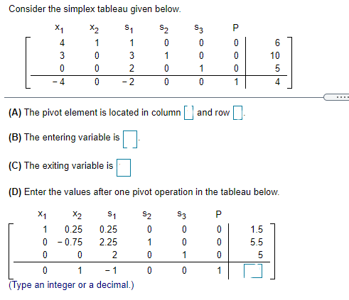 Consider the simplex tableau given below.
X1
X2
S1
S2
S3
P
4.
1
1
6
3
1
10
2
1
- 4
- 2
1
4
....
(A) The pivot element is located in column and row.
(B) The entering variable is
(C) The exiting variable is
(D) Enter the values after one pivot operation in the tableau below.
X1
X2
S1
S2
S3
0.25
0.25
2.25
1
1.5
0 - 0.75
1
5.5
1
1
- 1
(Type an integer or a decimal.)
