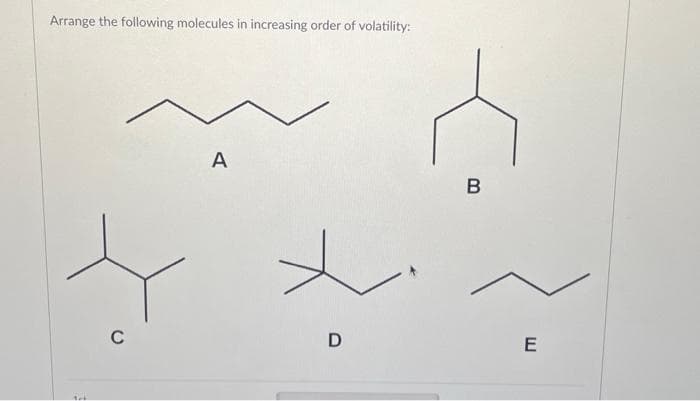 Arrange the following molecules in increasing order of volatility:
C
A
x
D
B
E