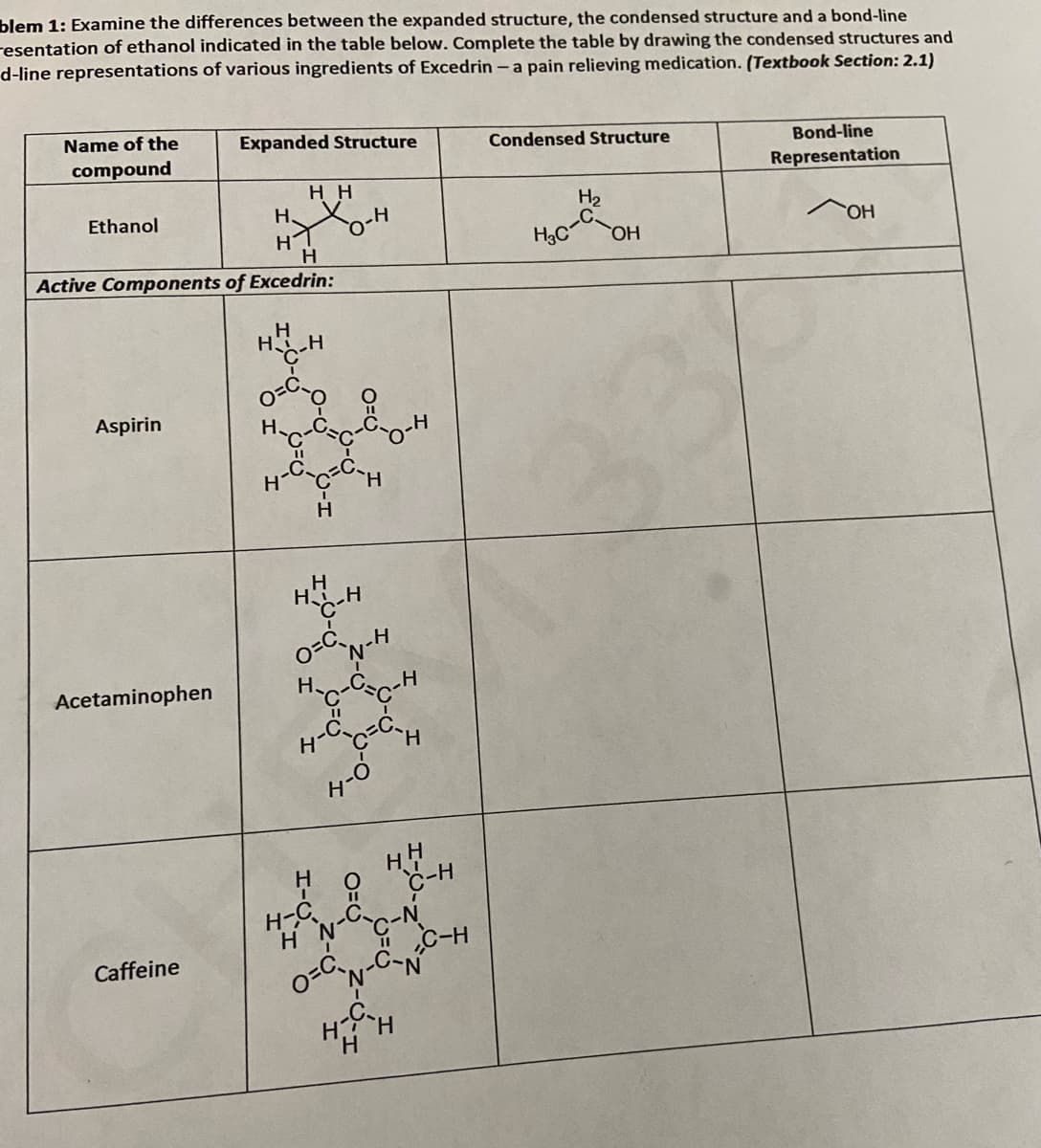 blem 1: Examine the differences between the expanded structure, the condensed structure and a bond-line
resentation of ethanol indicated in the table below. Complete the table by drawing the condensed structures and
d-line representations of various ingredients of Excedrin -a pain relieving medication. (Textbook Section: 2.1)
Name of the
Expanded Structure
Condensed Structure
Bond-line
compound
Representation
нн
Ethanol
H.
H2
HO.
H3C
HO,
H
Active Components of Excedrin:
HH
Aspirin
33
H.
Acetaminophen
H
1C-H
Caffeine
H
H.
