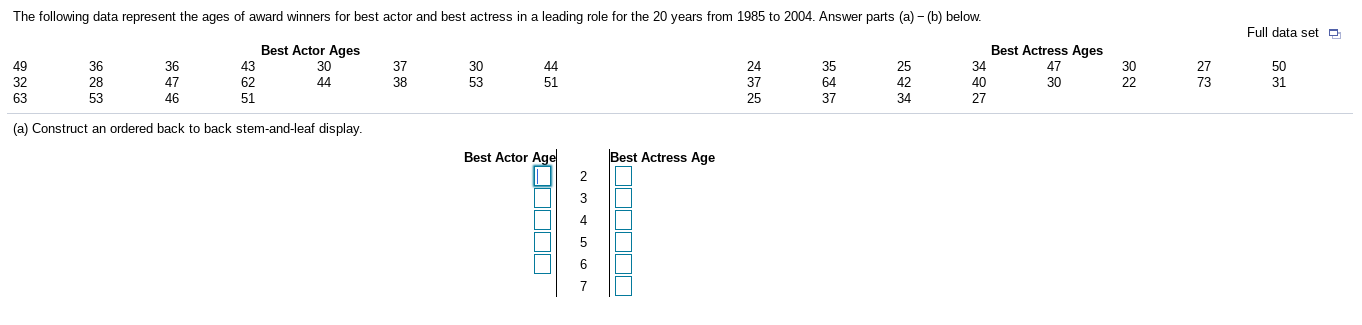 The following data represent the ages of award winners for best actor and best actress in a leading role for the 20 years from 1985 to 2004. Answer parts (a) - (b) below.
Full data set D
Best Actor Ages
Best Actress Ages
49
36
36
43
30
37
44
24
35
25
34
47
30
27
50
32
28
47
62
44
38
53
51
37
64
42
40
30
22
73
31
63
53
46
51
25
37
34
27
(a) Construct an ordered back to back stem-and-leaf display.
Best Actor Age
Best Actress Age
3
