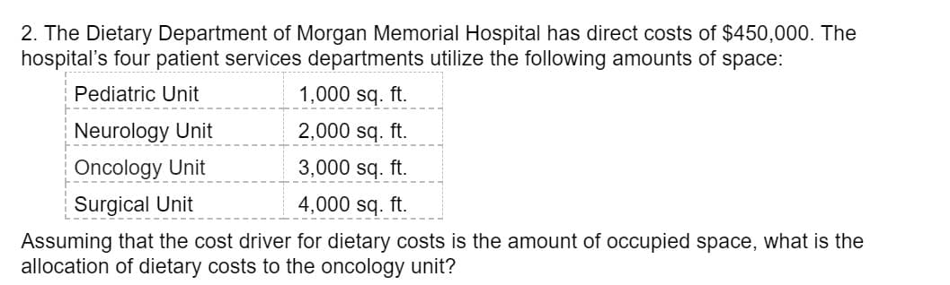 2. The Dietary Department of Morgan Memorial Hospital has direct costs of $450,000. The
hospital's four patient services departments utilize the following amounts of space:
Pediatric Unit
1,000 sq. ft.
2,000 sq. ft.
3,000 sq. ft.
4,000 sq. ft.
Neurology Unit
Oncology Unit
Surgical Unit
Assuming that the cost driver for dietary costs is the amount of occupied space, what is the
allocation of dietary costs to the oncology unit?