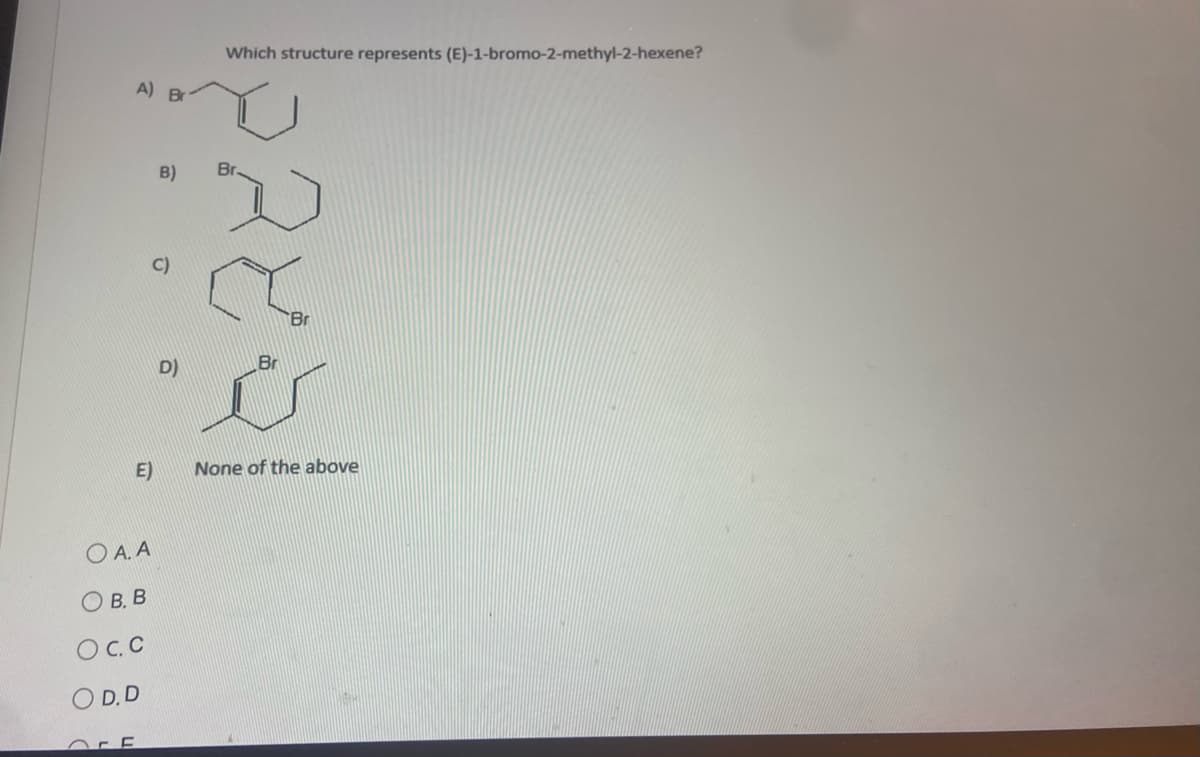 E)
Ο.Α.Α
OB. B
OC. C
OD.D
B)
D)
Which structure represents (E)-1-bromo-2-methyl-2-hexene?
a
Br
Br
&
None of the above