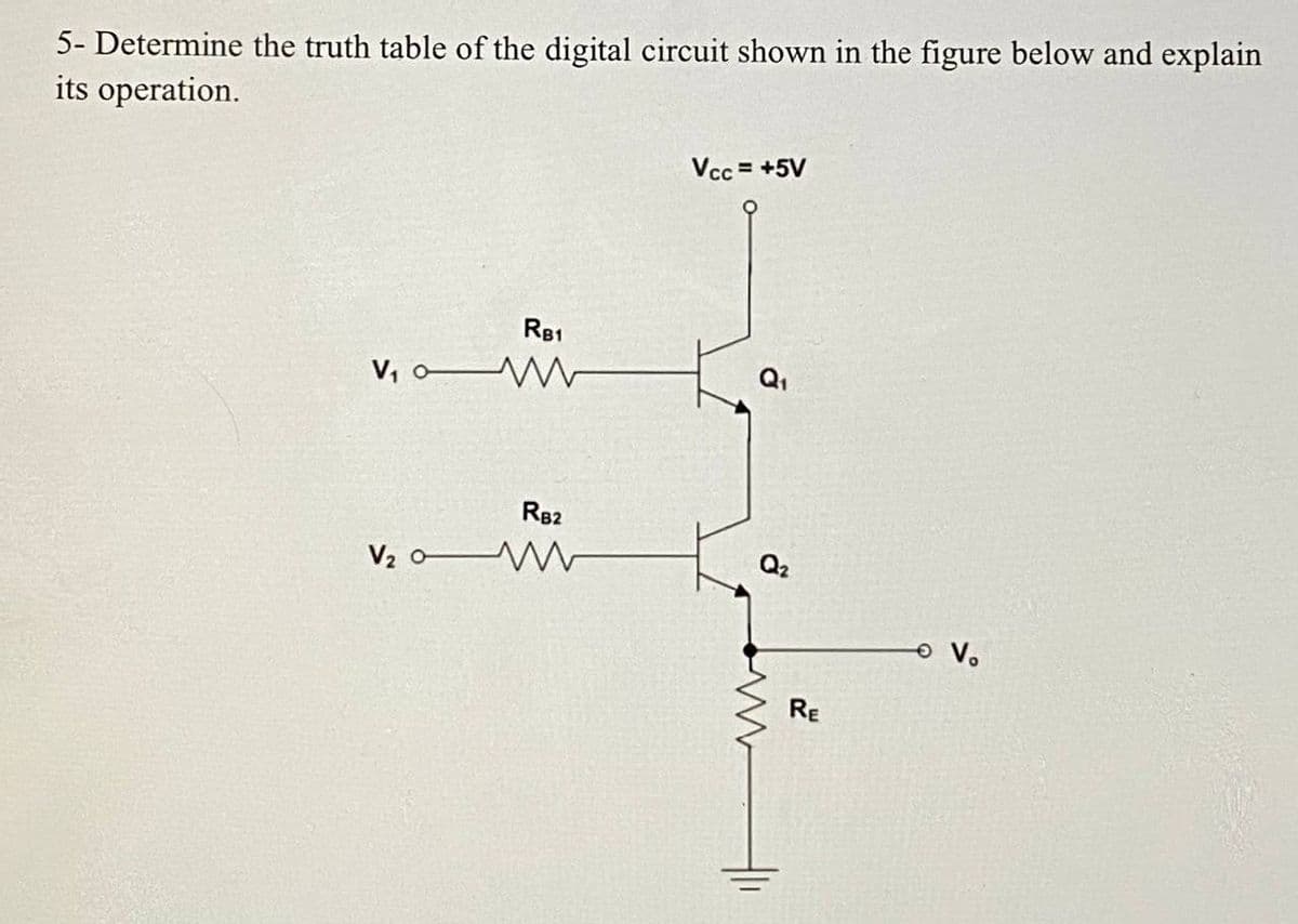 5- Determine the truth table of the digital circuit shown in the figure below and explain
its operation.
Vcc = +5V
RB1
V, o W
Q1
RB2
V2 o
Q2
V.
RE
