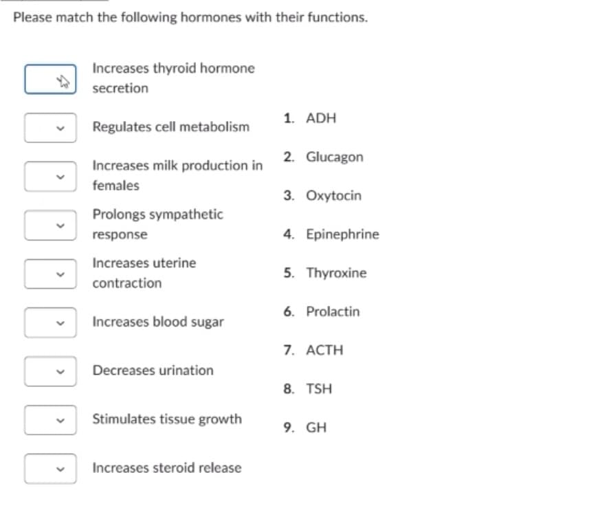 Please match the following hormones with their functions.
Increases thyroid hormone
secretion
1. ADH
Regulates cell metabolism
2. Glucagon
Increases milk production in
females
3. Oxytocin
Prolongs sympathetic
response
4. Epinephrine
Increases uterine
5. Thyroxine
contraction
6. Prolactin
Increases blood sugar
7. ACTH
Decreases urination
8. TSH
Stimulates tissue growth
9. GH
Increases steroid release