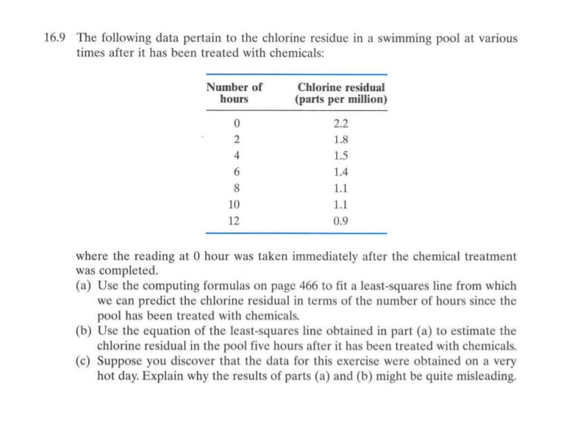 16.9 The following data pertain to the chlorine residue in a swimming pool at various
times after it has been treated with chemicals:
Number of
hours
Chlorine residual
(parts per million)
2.2
1.8
4
1.5
1.4
8
1.1
10
1.1
12
0.9
where the reading at 0 hour was taken immediately after the chemical treatment
was completed.
(a) Use the computing formulas on page 466 to fit a least-squares line from which
we can predict the chlorine residual in terms of the number of hours since the
pool has been treated with chemicals.
(b) Use the equation of the least-squares line obtained in part (a) to estimate the
chlorine residual in the pool five hours after it has been treated with chemicals.
(c) Suppose you discover that the data for this exercise were obtained on a very
hot day. Explain why the results of parts (a) and (b) might be quite misleading.
