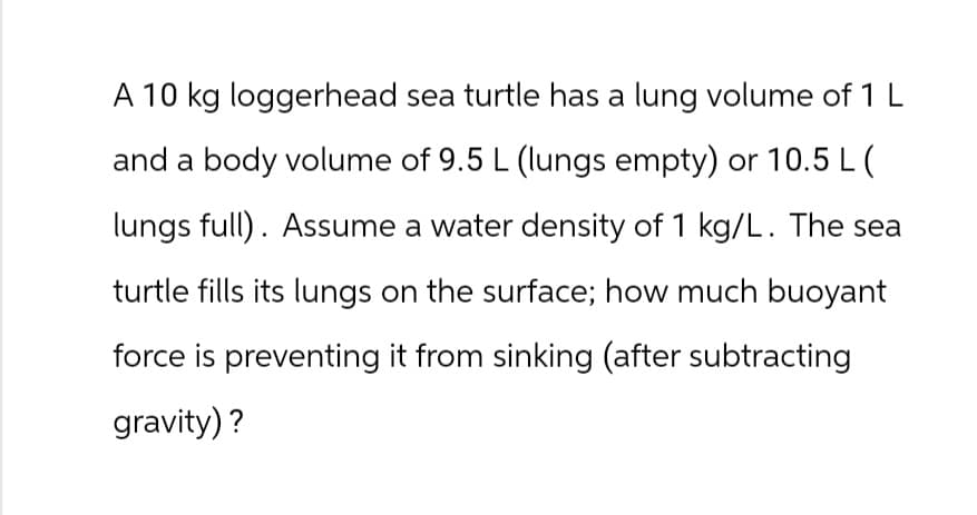 A 10 kg loggerhead sea turtle has a lung volume of 1 L
and a body volume of 9.5 L (lungs empty) or 10.5 L (
lungs full). Assume a water density of 1 kg/L. The sea
turtle fills its lungs on the surface; how much buoyant
force is preventing it from sinking (after subtracting
gravity)?