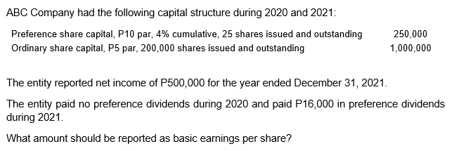 ABC Company had the following capital structure during 2020 and 2021:
Preference share capital, P10 par, 4% cumulative, 25 shares issued and outstanding
250,000
Ordinary share capital, P5 par, 200,000 shares issued and outstanding
1,000,000
The entity reported net income of P500,000 for the year ended December 31, 2021.
The entity paid no preference dividends during 2020 and paid P16,000 in preference dividends
during 2021.
What amount should be reported as basic earnings per share?
