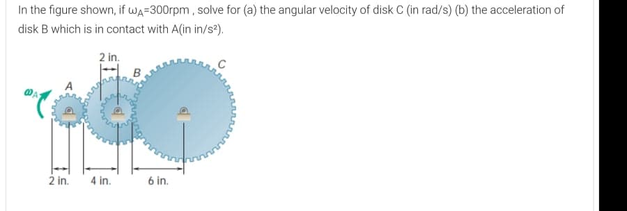 In the figure shown, if wa=300rpm , solve for (a) the angular velocity of disk C (in rad/s) (b) the acceleration of
disk B which is in contact with A(in in/s²).
2 in.
B
2 in.
4 in.
6 in.
