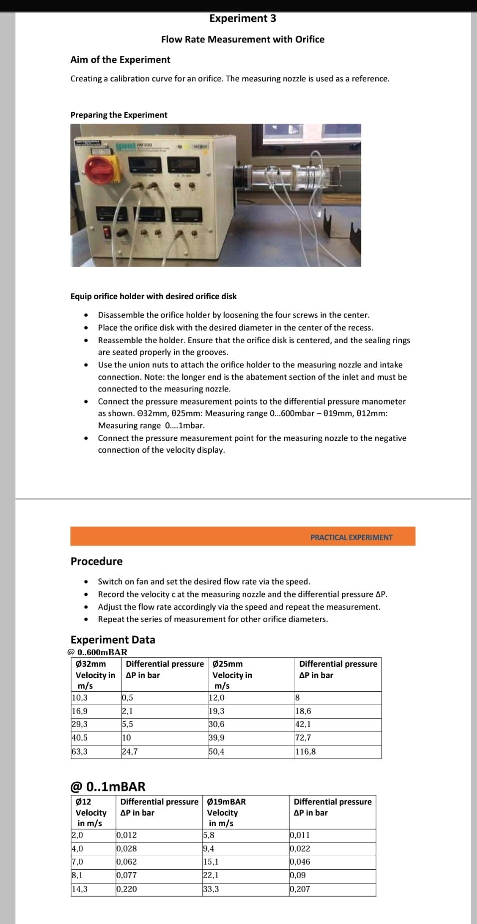 Aim of the Experiment
Creating a calibration curve for an orifice. The measuring nozzle is used as a reference.
Preparing the Experiment
●
Equip orifice holder with desired orifice disk
●
●
●
●
●
●
SEASE 230
Procedure
10,3
16,9
29,3
40,5
63,3
Disassemble the orifice holder by loosening the four screws in the center.
Place the orifice disk with the desired diameter in the center of the recess.
Reassemble the holder. Ensure that the orifice disk is centered, and the sealing rings
are seated properly in the grooves.
Use the union nuts to attach the orifice holder to the measuring nozzle and intake
connection. Note: the longer end is the abatement section of the inlet and must be
connected to the measuring nozzle.
2,0
4,0
7,0
8,1
14,3
Experiment 3
Flow Rate Measurement with Orifice
Connect the pressure measurement points to the differential pressure manometer
as shown. 032mm, 025mm: Measuring range 0...600mbar - 019mm, 012mm:
Measuring range 0....1mbar.
Connect the pressure measurement point for the measuring nozzle to the negative
connection of the velocity display.
Experiment Data
@ 0..600mBAR
Ø32mm
Velocity in
m/s
Switch on fan and set the desired flow rate via the speed.
Record the velocity c at the measuring nozzle and the differential pressure AP.
Adjust the flow rate accordingly via the speed and repeat the measurement.
Repeat the series of measurement for other orifice diameters.
Differential pressure Ø25mm
AP in bar
Velocity in
m/s
0,5
2,1
5,5
10
24,7
@ 0..1mBAR
Ø12
Velocity
in m/s
0,012
0,028
0,062
0,077
0,220
12,0
19,3
30,6
39,9
50,4
Differential pressure Ø19mBAR
ΔΡ in bar
Velocity
in m/s
5,8
9,4
15,1
22,1
33,3
PRACTICAL EXPERIMENT
Differential pressure
ΔΡ in bar
18
18,6
42,1
72,7
116,8
Differential pressure
ΔΡ in bar
0,011
0,022
0,046
0,09
0,207