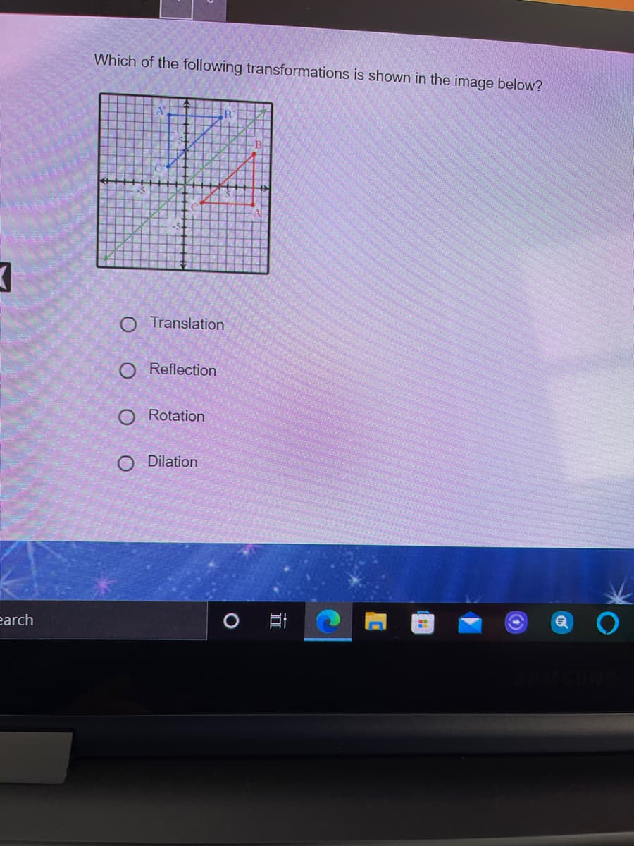 Which of the following transformations is shown in the image below?
O Translation
O Reflection
O Rotation
O Dilation
earch
