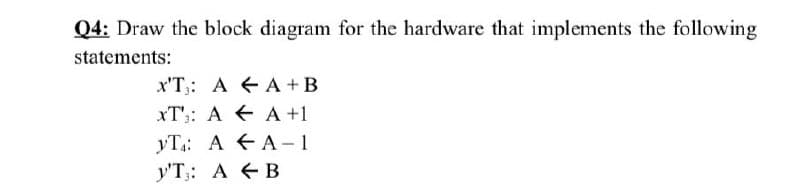 Q4: Draw the block diagram for the hardware that implements the following
statements:
x'T;: A + A + B
xT':: A A+1
yT: A A-1
y'T;: A + B
