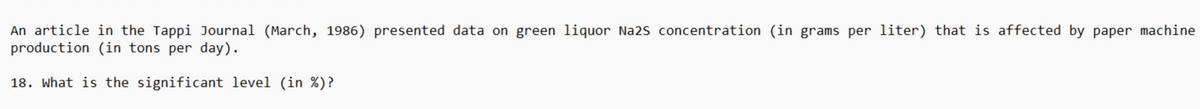 An article in the Tappi Journal (March, 1986) presented data on green liquor Na2S concentration (in grams per liter) that is affected by paper machine
production (in tons per day).
18. What is the significant level (in %)?
