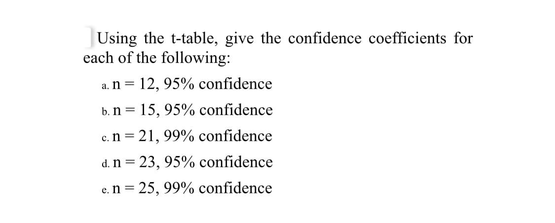 Using the t-table, give the confidence coefficients for
each of the following:
a. n = 12, 95% confidence
b. n = 15, 95% confidence
c. n = 21, 99% confidence
d. n = 23, 95% confidence
e. n = 25, 99% confidence
