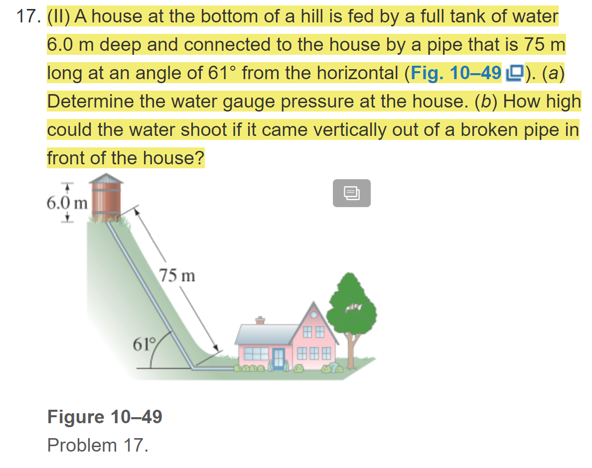 17. (II) A house at the bottom of a hill is fed by a full tank of water
6.0 m deep and connected to the house by a pipe that is 75 m
long at an angle of 61° from the horizontal (Fig. 10–49 0). (a)
Determine the water gauge pressure at the house. (b) How high
could the water shoot if it came vertically out of a broken pipe in
front of the house?
6.0 m
75 m
田田、
田田田
61%
Figure 10–49
Problem 17.
