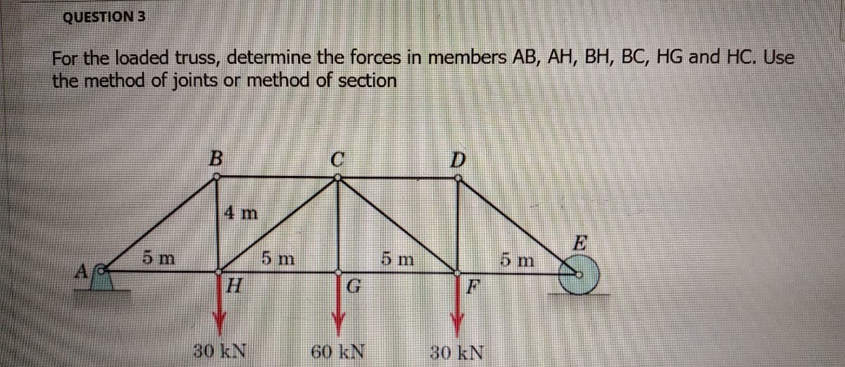 QUESTION 3
For the loaded truss, determine the forces in members AB, AH, BH, BC, HG and HC. Use
the method of joints or method of section
D.
4 m
E
5 m
5 m
5m
5 m
H.
F
30 kN
60 kN
30 kN
