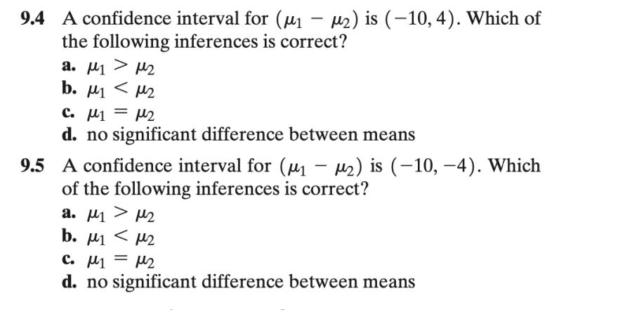 9.4 A confidence interval for (µ₁ − µ₂) is (−10, 4). Which of
the following inferences is correct?
а. м1 > м2
M₂
b. μ1 < нег
C. μ1 = μ₂
d. no significant difference between means
-
9.5 A confidence interval for (μ₁ −μ₂) is (-10, –4). Which
of the following inferences is correct?
a. μ₁ > μ₂
b. μ₁ <μ2
C. μ₁ = μ₂
d. no significant difference between means