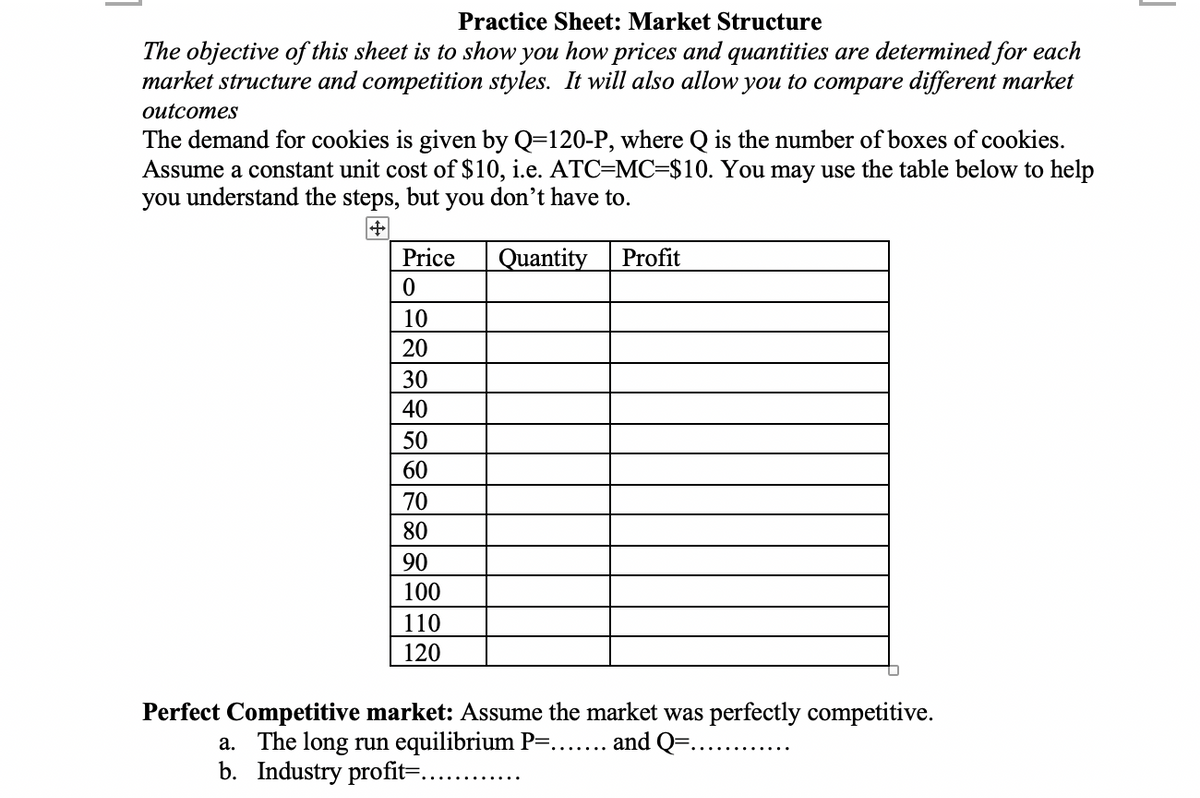 Practice Sheet: Market Structure
The objective of this sheet is to show you how prices and quantities are determined for each
market structure and competition styles. It will also allow you to compare different market
outcomes
The demand for cookies is given by Q=120-P, where Q is the number of boxes of cookies.
Assume a constant unit cost of $10, i.e. ATC=MC-$10. You may use the table below to help
you understand the steps, but you don't have to.
Price
0
10
20
30
40
50
60
70
80
90
100
110
120
Quantity
Profit
Perfect Competitive market: Assume the market was perfectly competitive.
a. The long run equilibrium P=....... and Q=..
b. Industry profit=...