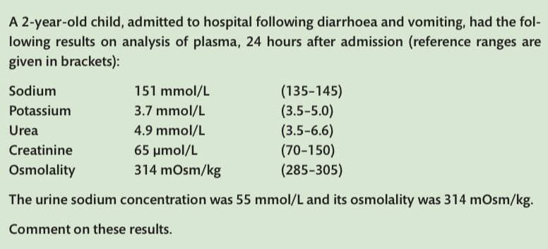 A 2-year-old child, admitted to hospital following diarrhoea and vomiting, had the fol-
lowing results on analysis of plasma, 24 hours after admission (reference ranges are
given in brackets):
Sodium
(135-145)
Potassium
(3.5-5.0)
Urea
(3.5-6.6)
Creatinine
(70-150)
Osmolality
(285-305)
The urine sodium concentration was 55 mmol/L and its osmolality was 314 mOsm/kg.
Comment on these results.
151 mmol/L
3.7 mmol/L
4.9 mmol/L
65 μmol/L
314 mOsm/kg