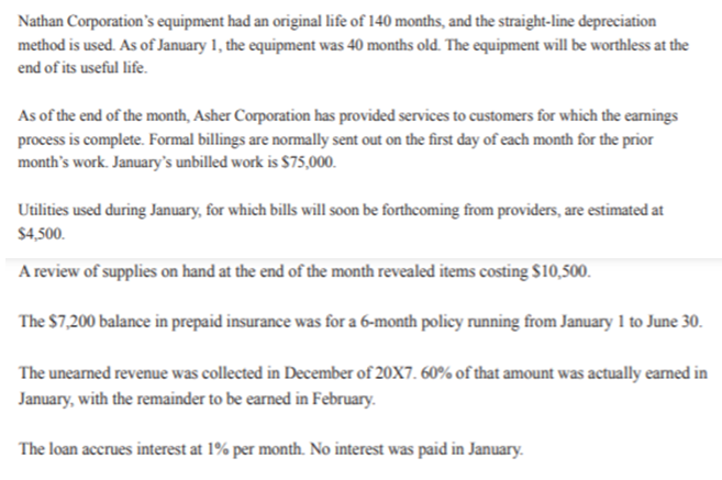 Nathan Corporation's equipment had an original life of 140 months, and the straight-line depreciation
method is used. As of January 1, the equipment was 40 months old. The equipment will be worthless at the
end of its useful life.
As of the end of the month, Asher Corporation has provided services to customers for which the earnings
process is complete. Formal billings are normally sent out on the first day of each month for the prior
month's work. January's unbilled work is $75,000.
Utilities used during January, for which bills will soon be forthcoming from providers, are estimated at
$4,500.
A review of supplies on hand at the end of the month revealed items costing $10,500.
The $7,200 balance in prepaid insurance was for a 6-month policy running from January 1 to June 30.
The unearned revenue was collected in December of 20X7. 60% of that amount was actually earned in
January, with the remainder to be earned in February.
The loan accrues interest at 1% per month. No interest was paid in January.
