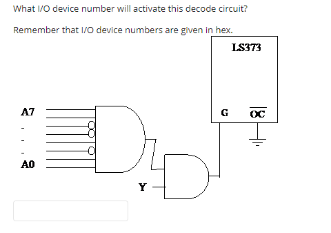 What I/0 device number will activate this decode circuit?
Remember that I/0 device numbers are given in hex.
LS373
A7
AO
Y
