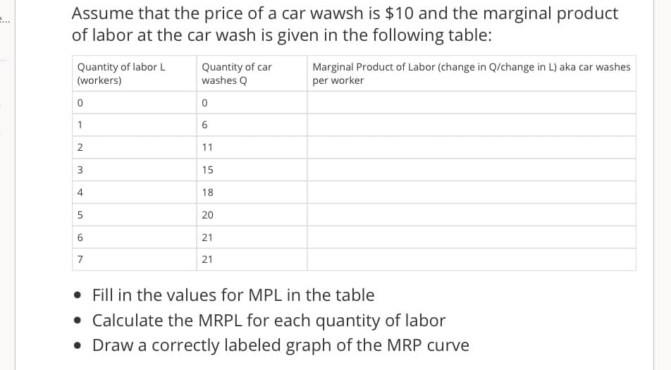 ...
Assume that the price of a car wawsh is $10 and the marginal product
of labor at the car wash is given in the following table:
Quantity of labor L
(workers)
0
1
2
3
4
5
6
7
Quantity of car
washes Q
0
6
11
15
18
20
21
21
Marginal Product of Labor (change in Q/change in L) aka car washes
per worker
• Fill in the values for MPL in the table
• Calculate the MRPL for each quantity of labor
• Draw a correctly labeled graph of the MRP curve