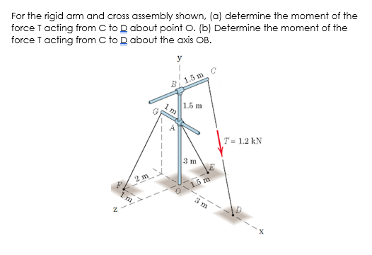 For the rigid arm and cross assembly shown, (a) determine the moment of the
force T acting from C to D about point O. (b) Determine the moment of the
force T acting from C to D about the axis OB.
1.5 m C
1.5 m
T= 1.2 kN
3 m
2 m
1.5 m
1 m/
3 m
