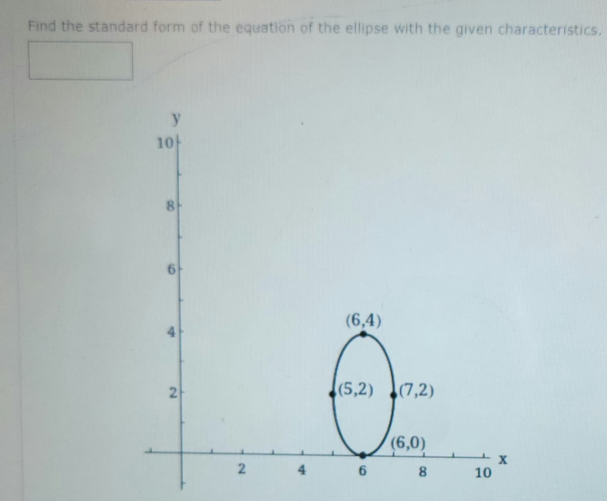 Find the standard form of the equation of the ellipse with the given characteristics.
y
10
8
2
2
(6,4)
(5,2) (7,2)
6
(6,0)
8
10
X