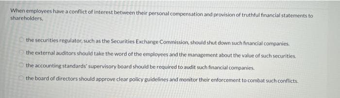 When employees have a conflict of interest between their personal compensation and provision of truthful financial statements to
shareholders,
the securities regulator, such as the Securities Exchange Commission, should shut down such financial companies.
the external auditors should take the word of the employees and the management about the value of such securities.
the accounting standards' supervisory board should be required to audit such financial companies.
the board of directors should approve clear policy guidelines and monitor their enforcement to combat such conflicts.
CO