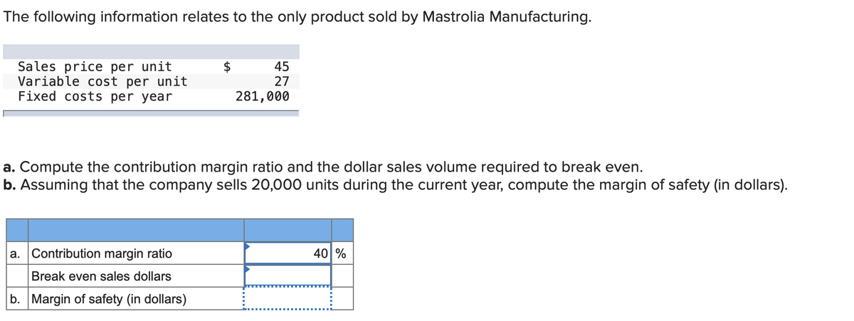 The following information relates to the only product sold by Mastrolia Manufacturing.
Sales price per unit
Variable cost per unit
Fixed costs per year
2$
45
27
281,000
a. Compute the contribution margin ratio and the dollar sales volume required to break even.
b. Assuming that the company sells 20,000 units during the current year, compute the margin of safety (in dollars).
a. Contribution margin ratio
40 %
Break even sales dollars
b. Margin of safety (in dollars)
