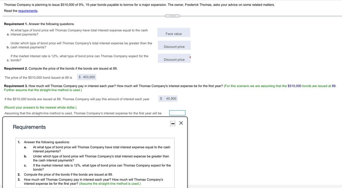 Thomas Company is planning to issue $510,000 of 9%, 15-year bonds payable to borrow for a major expansion. The owner, Frederick Thomas, asks your advice on some related matters.
Read the requirements.
.....
Requirement 1. Answer the following questions.
At what type of bond price will Thomas Company have total interest expense equal to the cash
a. interest payments?
Face value
Under which type of bond price will Thomas Company's total interest expense be greater than the
b. cash interest payments?
Discount price
If the market interest rate is 12%, what type of bond price can Thomas Company expect for the
c. bonds?
Discount price
Requirement 2. Compute the price of the bonds if the bonds are issued at 89.
The price of the $510,000 bond issued at 89 is
$ 453,900
Requirement 3. How much will Thomas Company pay in interest each year? How much will Thomas Company's interest expense be for the first year? (For this scenario we are assuming that the $510,000 bonds are issued at 89.
Further assume that the straight-line method is used.)
If the $510,000 bonds are issued at 89, Thomas Company will pay this amount of interest each year
$
45,900
(Round your answers to the nearest whole dollar.)
Assuming that the straight-line method is used, Thomas Company's interest expense for the first year will be
Requirements
1. Answer the following questions:
At what type of bond price will Thomas Company have total interest expense equal to the cash
interest payments?
а.
b.
Under which type of bond price will Thomas Company's total interest expense be greater than
the cash interest payments?
If the market interest rate is 12%, what type of bond price can Thomas Company expect for the
bonds?
с.
2.
Compute the price of the bonds if the bonds are issued at 89.
3.
How much will Thomas Company pay in interest each year? How much will Thomas Company's
interest expense be for the first year? (Assume the straight-line method is used.)
