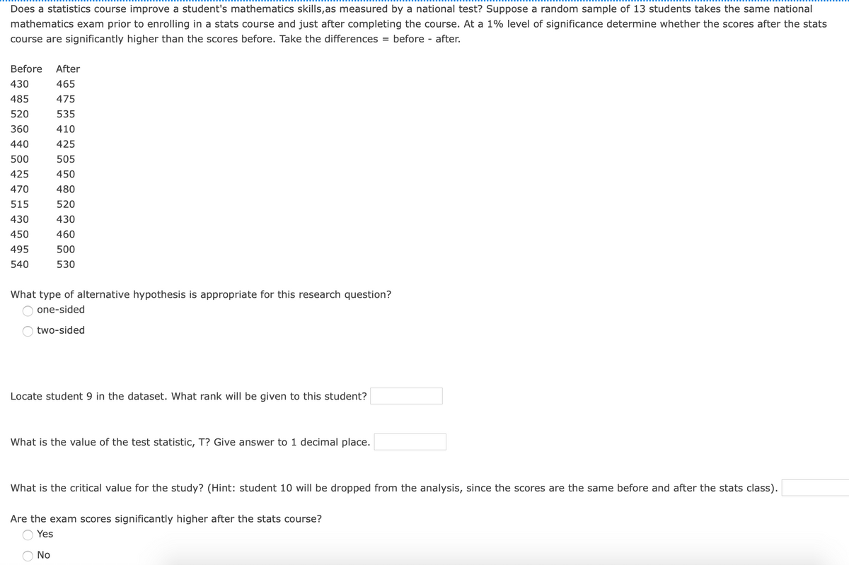 Does a statistics course improve a student's mathematics skills,as measured by a national test? Suppose a random sample of 13 students takes the same national
mathematics exam prior to enrolling in a stats course and just after completing the course. At a 1% level of significance determine whether the scores after the stats
course are significantly higher than the scores before. Take the differences
before - after.
Before
After
430
465
485
475
520
535
360
410
440
425
500
505
425
450
470
480
515
520
430
430
450
460
495
500
540
530
What type of alternative hypothesis is appropriate for this research question?
one-sided
two-sided
Locate student 9 in the dataset. What rank will be given to this student?
What is the value of the test statistic, T? Give answer to 1 decimal place.
What is the critical value for the study? (Hint: student 10 will be dropped from the analysis, since the scores are the same before and after the stats class).
Are the exam scores significantly higher after the stats course?
Yes
No
