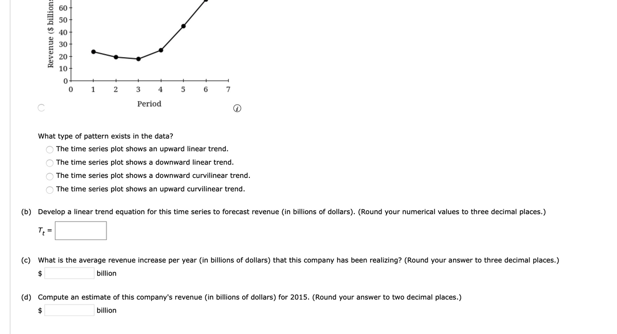 60
50
40
30
20
10
1
3
4
5
6.
7
Period
What type of pattern exists in the data?
The time series plot shows an upward linear trend.
The time series plot shows a downward linear trend.
The time series plot shows a downward curvilinear trend.
The time series plot shows an upward curvilinear trend.
(b) Develop a linear trend equation for this time series to forecast revenue (in billions of dollars). (Round your numerical values to three decimal places.)
T =
(c) What is the average revenue increase per year (in billions of dollars) that this company has been realizing? (Round your answer to three decimal places.)
billion
(d) Compute an estimate of this company's revenue (in billions of dollars) for 2015. (Round your answer to two decimal places.)
$
billion
%24
Revenue ($ billions
