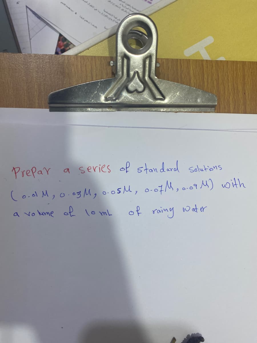 Prepar a series of standard Selutions
(o.al M, o.0gM, 0-05M, o.07M, o.09 M) with
a vo kume of lomL
of rainy water
