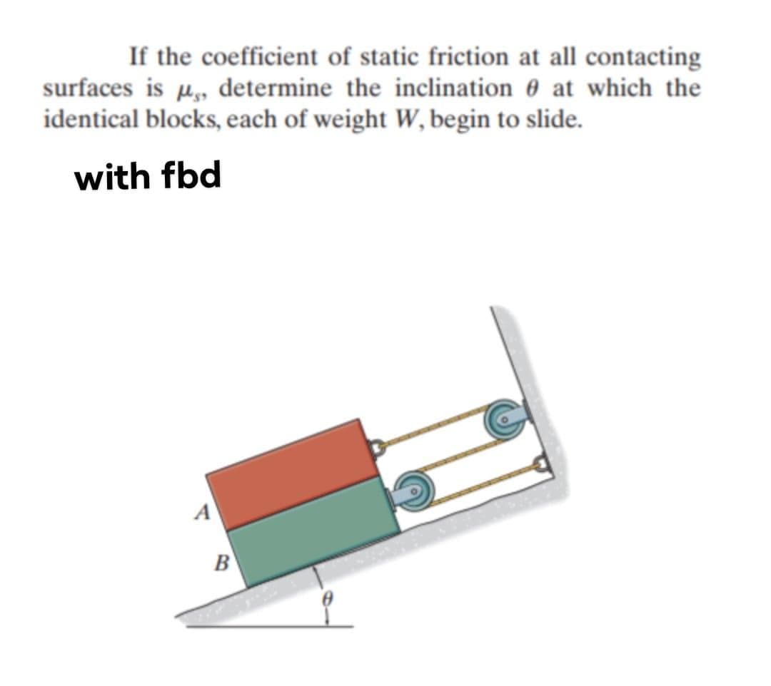 If the coefficient of static friction at all contacting
surfaces is µ„„ determine the inclination 0 at which the
identical blocks, each of weight W, begin to slide.
with fbd
A
B
