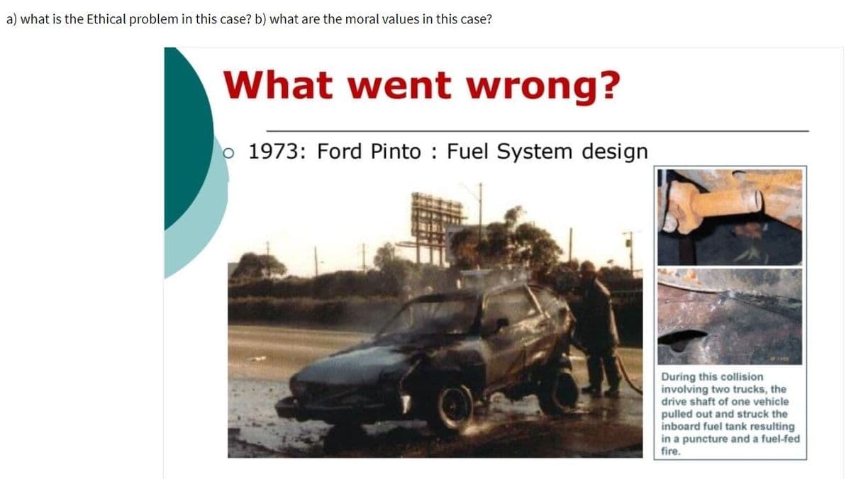 a) what is the Ethical problem in this case? b) what are the moral values in this case?
What went wrong?
o 1973: Ford Pinto : Fuel System design
During this collision
involving two trucks, the
drive shaft of one vehicle
pulled out and struck the
inboard fuel tank resulting
in a puncture and a fuel-fed
fire.
