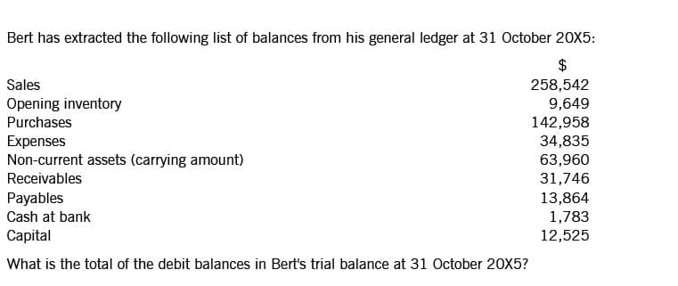 Bert has extracted the following list of balances from his general ledger at 31 October 20X5:
$
258,542
9,649
Sales
Opening inventory
Purchases
142,958
34,835
63,960
31,746
Expenses
Non-current assets (carrying amount)
Receivables
Payables
13,864
1,783
12,525
Cash at bank
Capital
What is the total of the debit balances in Bert's trial balance at 31 October 20X5?
