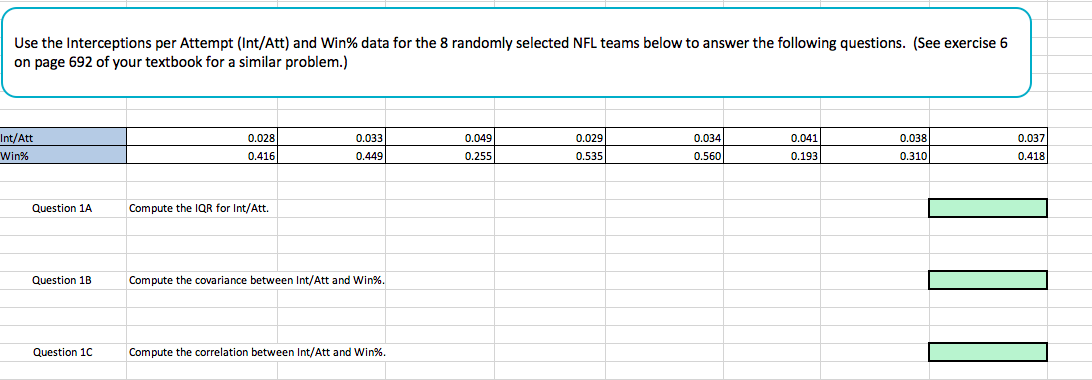 Use the Interceptions per Attempt (Int/Att) and Win% data for the 8 randomly selected NFL teams below to answer the following questions. (See exercise 6
on page 692 of your textbook for a similar problem.)
Int/Att
Win%
0.028
0.049
0.255
0.029
0.535
0.034
0.041
0.033
0.449
0.038
0.310
0.037
0.416
0.418
0.560
0.193
Question 1A
Compute the IQR for Int/Att.
Question 1B
Compute the covariance between Int/Att and win%.
傷.eswinn 1.C
<amplo: WhK? t**rre-lostinn tesı esn ItK//wi: and Win%
