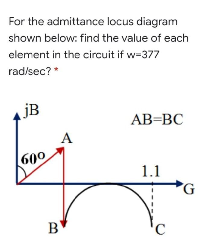 For the admittance locus diagram
shown below: find the value of each
element in the circuit if w=377
rad/sec? *
jB
AB=BC
A
600
1.1
B
V
C
