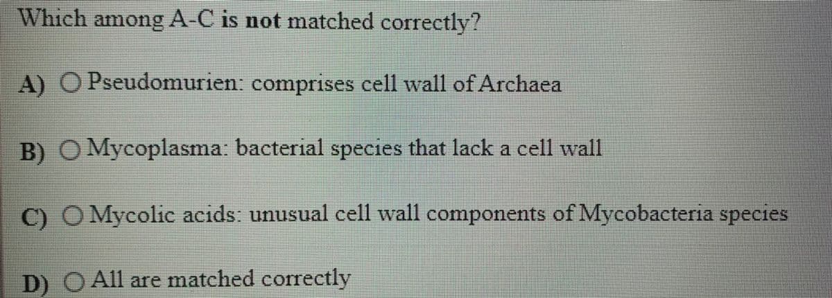 Which among A-C is not matched correctly?
A) O Pseudomurien: comprises cell wall of Archaea
B) O Mycoplasma: bacterial species that lack a cell wall
C) OMycolic acıds: unusual cell wall components of Mycobacteria species
) O All are matched correctly
