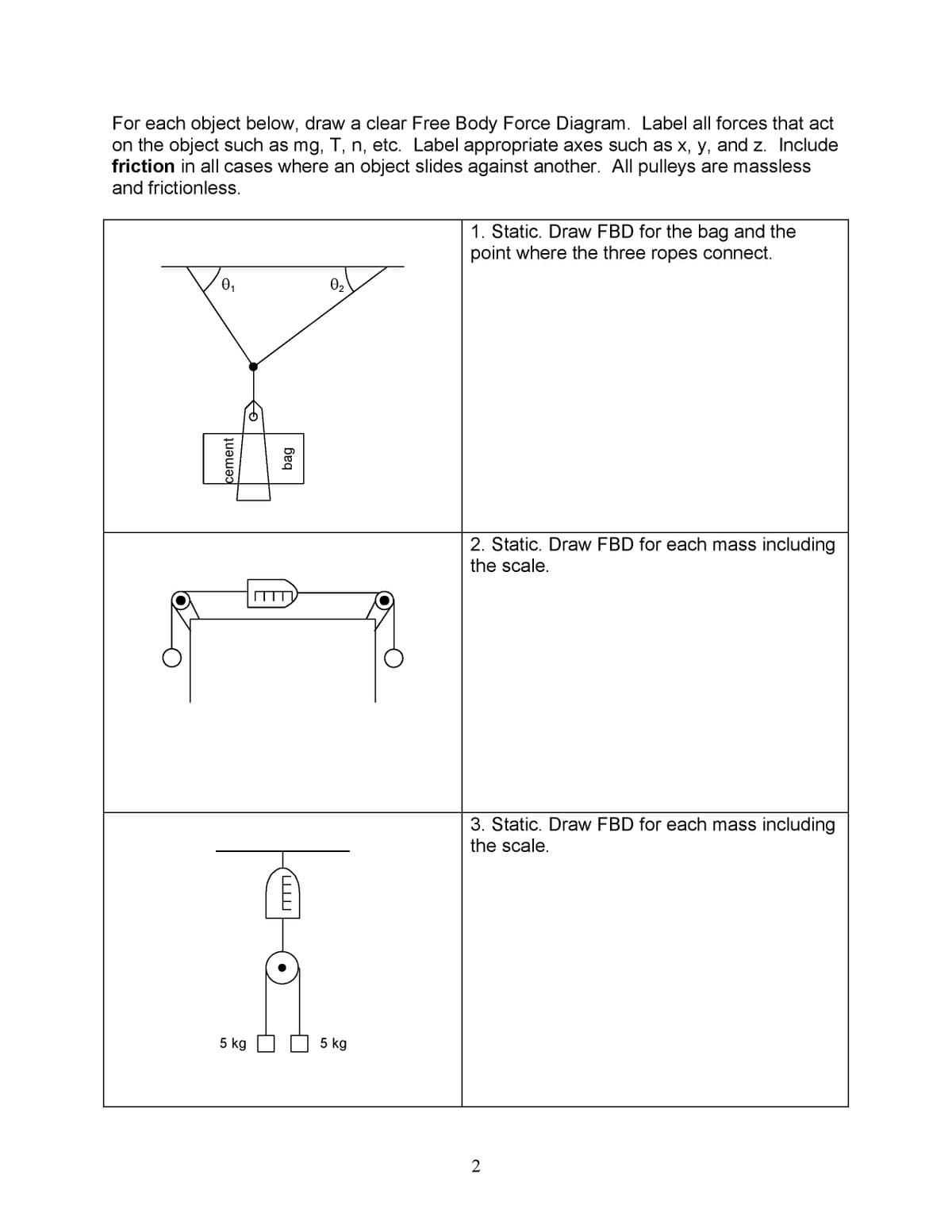 For each object below, draw a clear Free Body Force Diagram. Label all forces that act
on the object such as mg, T, n, etc. Label appropriate axes such as x, y, and z. Include
friction in all cases where an object slides against another. All pulleys are massless
and frictionless.
1. Static. Draw FBD for the bag and the
point where the three ropes connect.
0,
02
2. Static. Draw FBD for each mass including
the scale.
3. Static. Draw FBD for each mass including
the scale.
5 kg
5 kg
2
cement
bag
