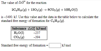 The value of AG° for the reaction
2C4H10 (9) + 1302 (9) → 8CO2(9) + 10H,0(1)
is –5490. kJ. Use this value and the data in the table below to calculate the
standard free energy of formation for C4H10 (9).
Substance AG kJ/mol
H,0(1)
CO2 (9)
-237
-394
Standard free energy of formation
|kJ/mol
