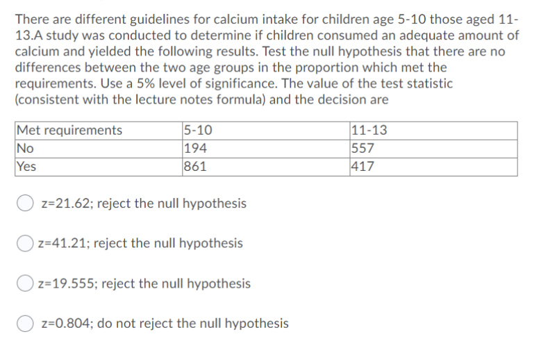There are different guidelines for calcium intake for children age 5-10 those aged 11-
13.A study was conducted to determine if children consumed an adequate amount of
calcium and yielded the following results. Test the null hypothesis that there are no
differences between the two age groups in the proportion which met the
requirements. Use a 5% level of significance. The value of the test statistic
(consistent with the lecture notes formula) and the decision are
Met requirements
No
Yes
5-10
194
861
z=21.62; reject the null hypothesis
z=41.21; reject the null hypothesis
z=19.555; reject the null hypothesis
z=0.804; do not reject the null hypothesis
11-13
557
417