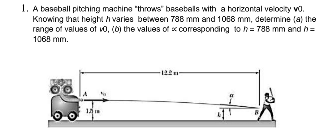 1. A baseball pitching machine "throws" baseballs with a horizontal velocity vo.
Knowing that height h varies between 788 mm and 1068 mm, determine (a) the
range of values of vo, (b) the values of x corresponding to h = 788 mm and h =
1068 mm.
12.2 m
1.5 m
B

