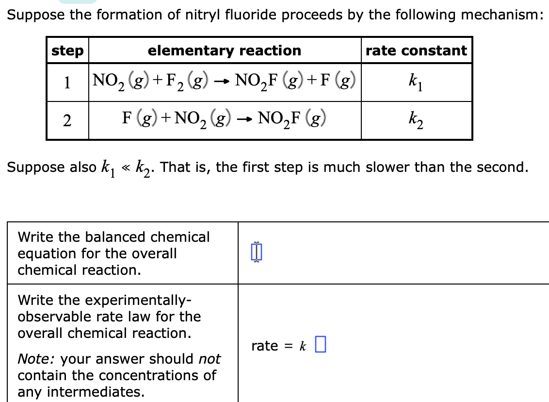 Suppose the formation of nitryl fluoride proceeds by the following mechanism:
step
elementary reaction
rate constant
1 NO, g) +F, (g)
NO,F (g) +F (g)
k1
2
F (g) + NO, (g) → NO,F (g)
k2
Suppose also k, « k,. That is, the first step is much slower than the second.
Write the balanced chemical
equation for the overall
chemical reaction.
Write the experimentally-
observable rate law for the
overall chemical reaction.
rate = k U
Note: your answer should not
contain the concentrations of
any intermediates.
