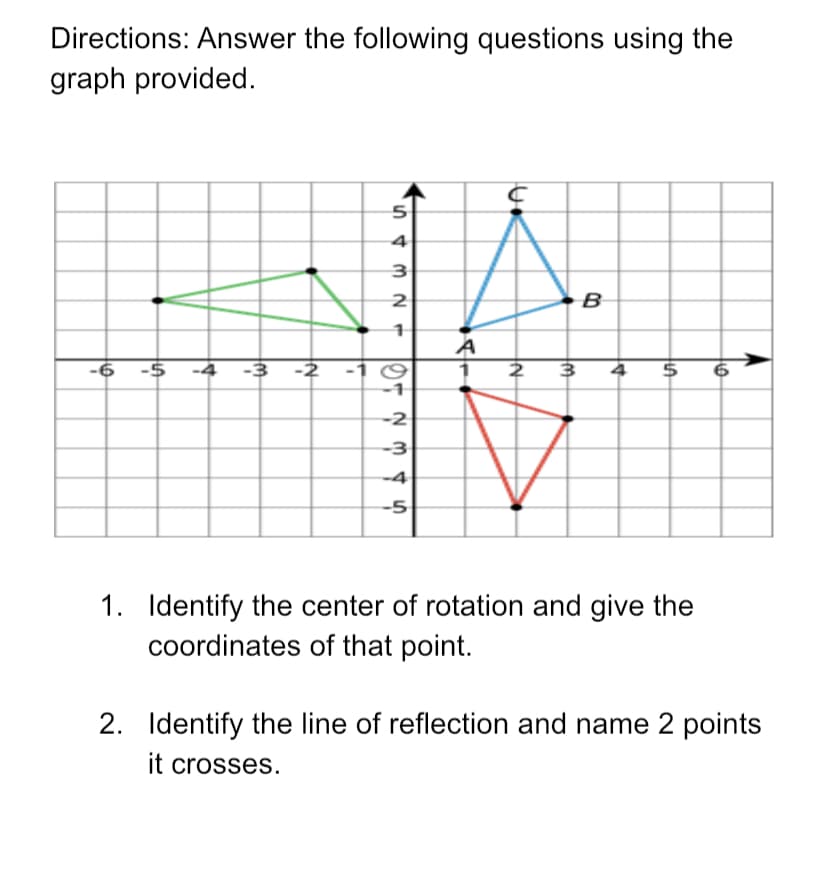 Directions: Answer the following questions using the
graph provided.
4
2
B
A
-6 -$ -4 -3 -2
-1
-2
-3
-4
-5
1. Identify the center of rotation and give the
coordinates of that point.
2. Identify the line of reflection and name 2 points
it crosses.
