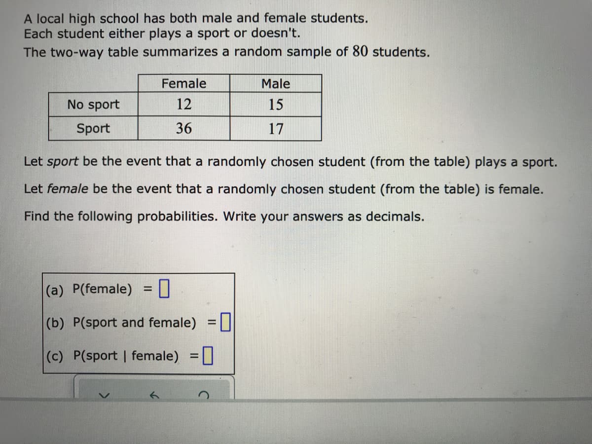 A local high school has both male and female students.
Each student either plays a sport or doesn't.
The two-way table summarizes a random sample of 80 students.
Female
Male
No sport
12
15
Sport
36
17
Let sport be the event that a randomly chosen student (from the table) plays a sport.
Let female be the event that a randomly chosen student (from the table) is female.
Find the following probabilities. Write your answers as decimals.
(a) P(female) = D
%3D
(b) P(sport and female) =||
%3D
(c) P(sport | female) =

